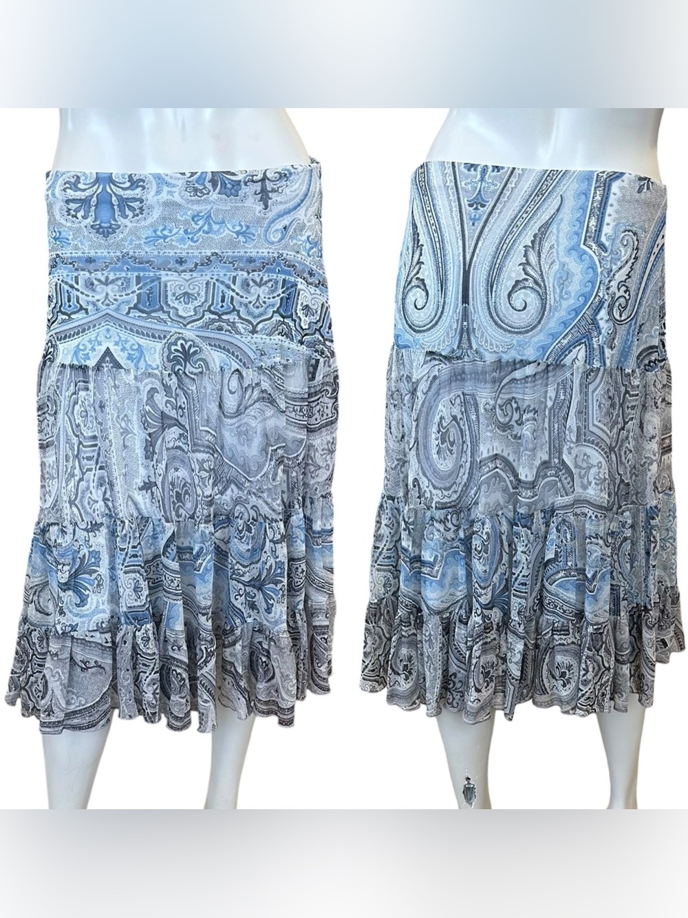 Y2K Bebe Icy Blue Black Gray Paisley Tiered Boho Midi Skirt Size Large